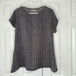 Flax Sun‎ Tee 100% Linen Top Knit Gray/white Stripe Lagenlook Summer Size Small
